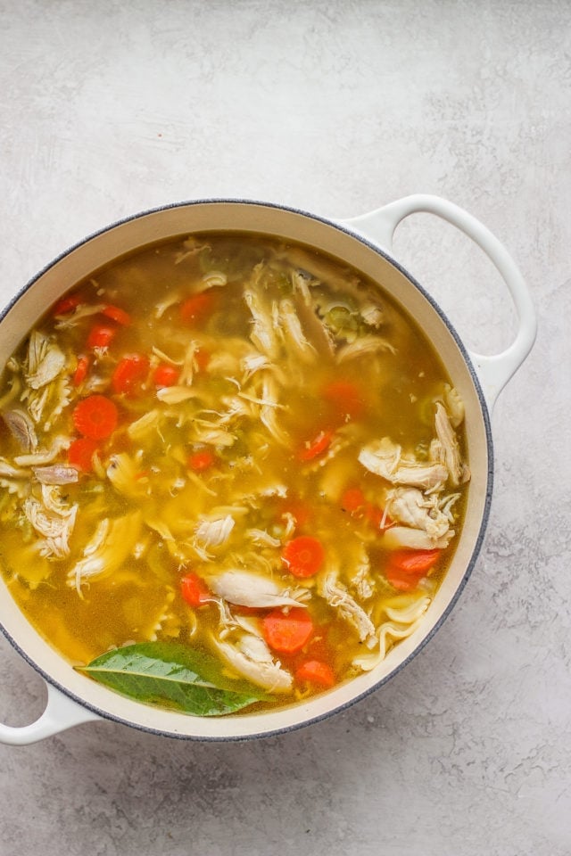 A Dutch Oven filled with homemade chicken soup.