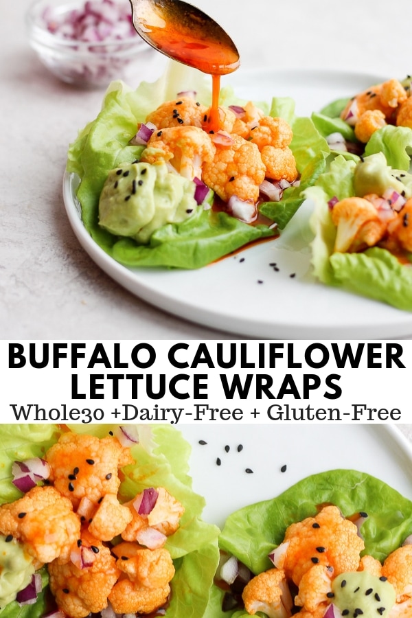 Simple Cauliflower Buffalo Bite Lettuce Wraps with Avocado Crem