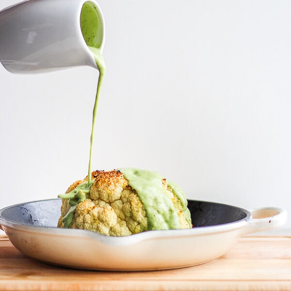 Creamy Avocado Sauce + Roasted Head of Cauliflower  - a creamy, delicious avocado sauce that is dairy-free, Whole30, Paleo and plant-based!