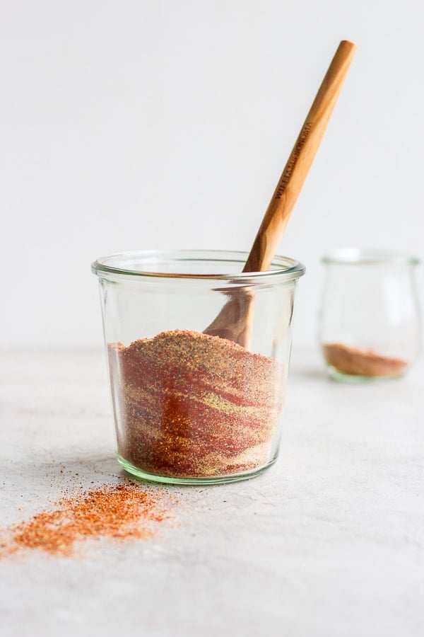 A jar of homemade pork shoulder dry rub. 