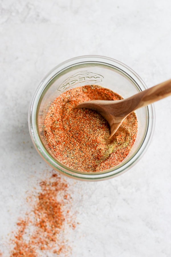 A jar of homemade pork shoulder dry rub. 