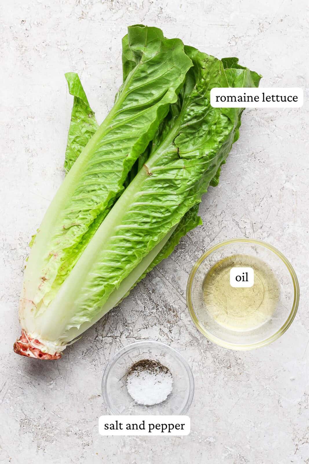 Ingredients for grilled romaine separated out and labeled.