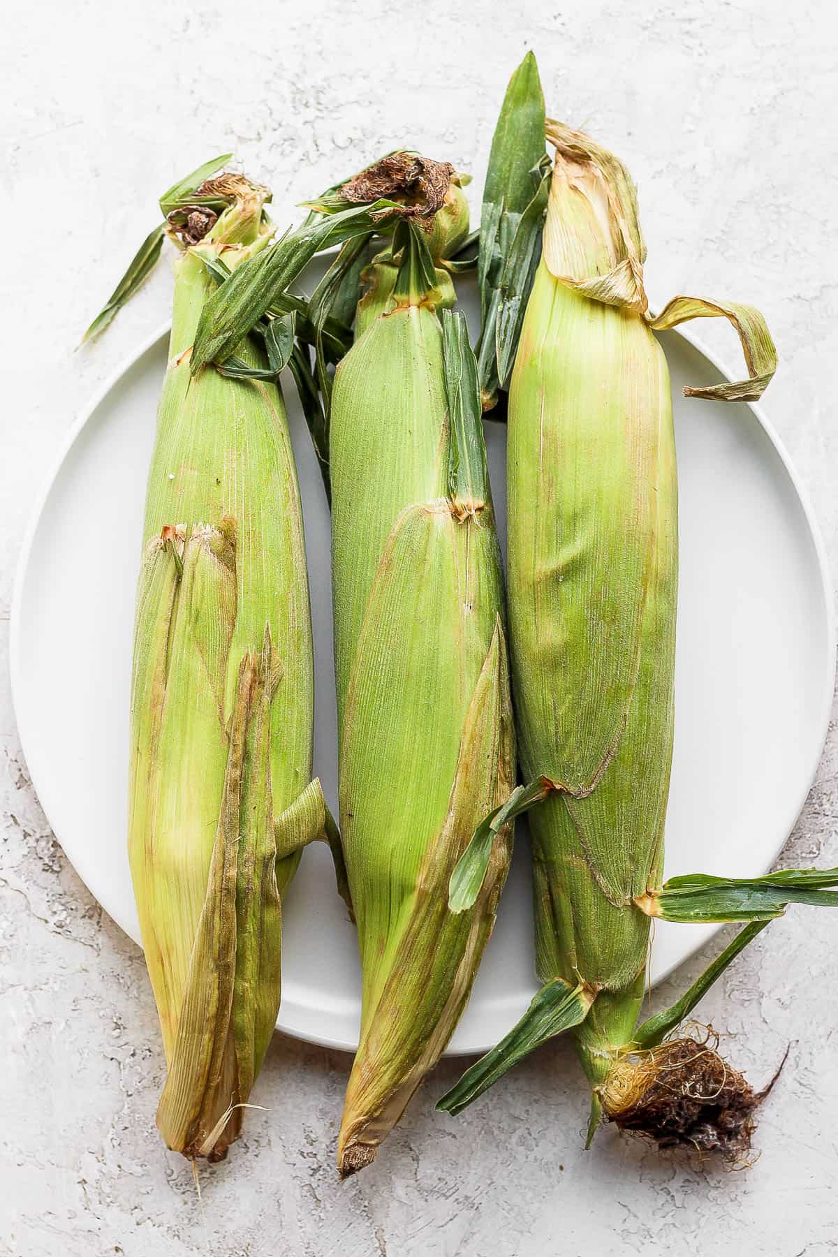 Three pieces of corn with husks on on a plate. 