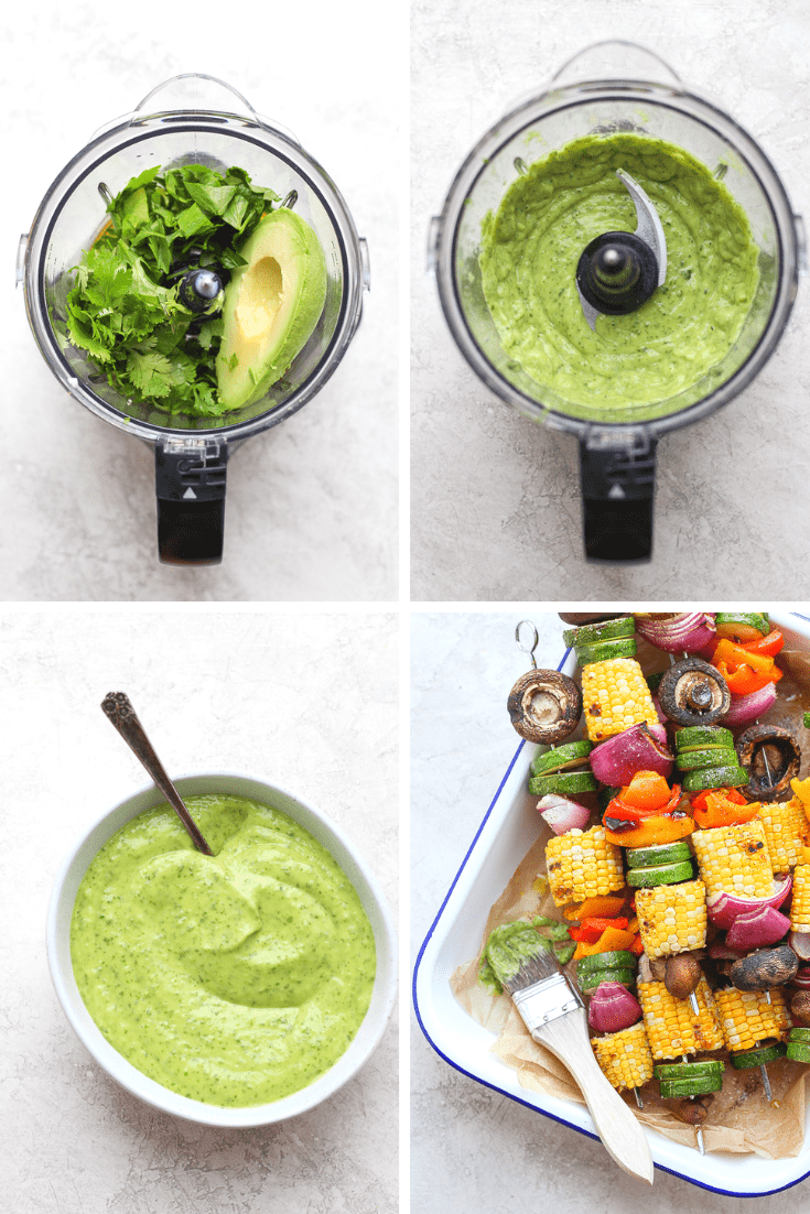 Four images showing the sauce before blending, after, in a bowl, and next to the vegetable kabobs.