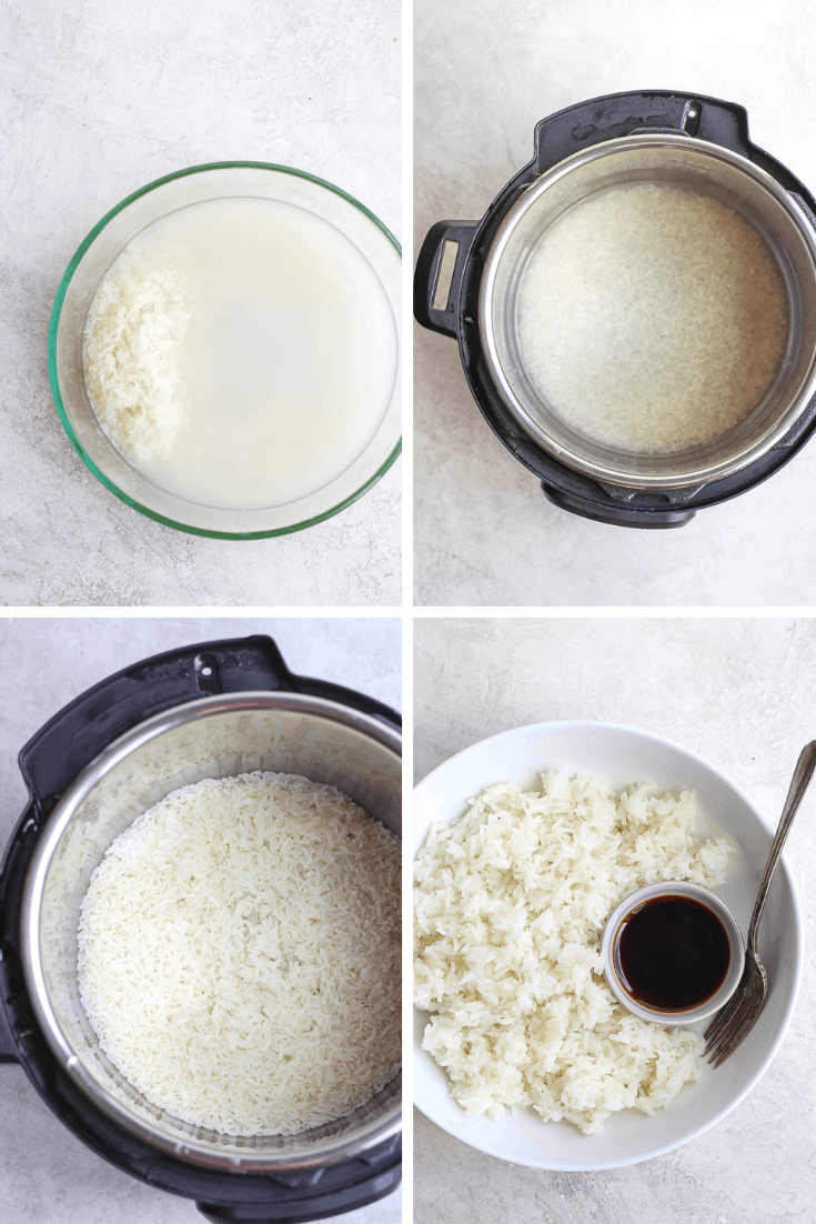 Four images showing white jasmine rice being rinsed, before cooking, after cooking, and in a white bowl.