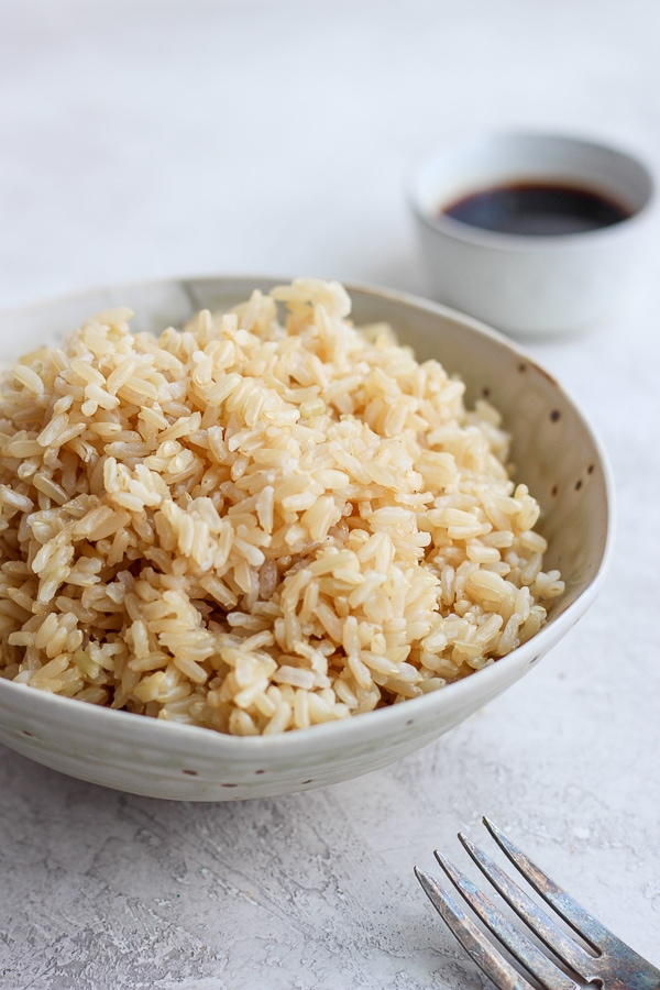 A bowl of brown jasmine rice after being cooked in the Instant Pot.