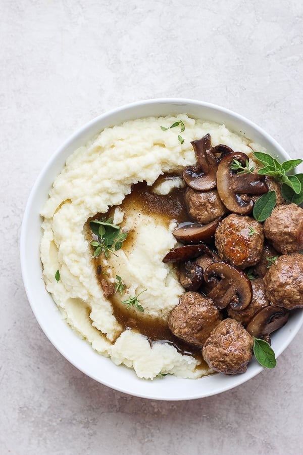 The best recipe for meatballs and gravy with cauliflower mash.