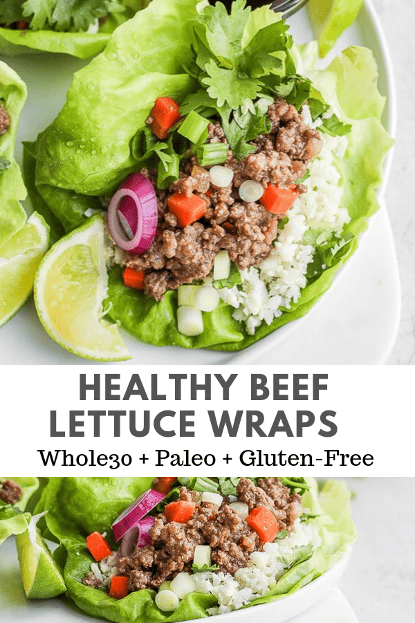Pinterest image for easy beef lettuce wraps.