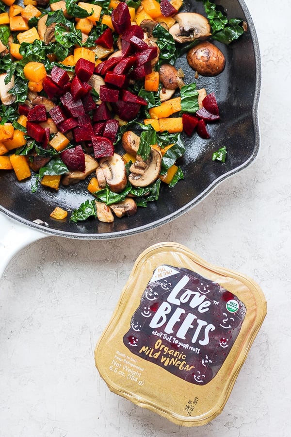 Chopped beets added to the skillet.