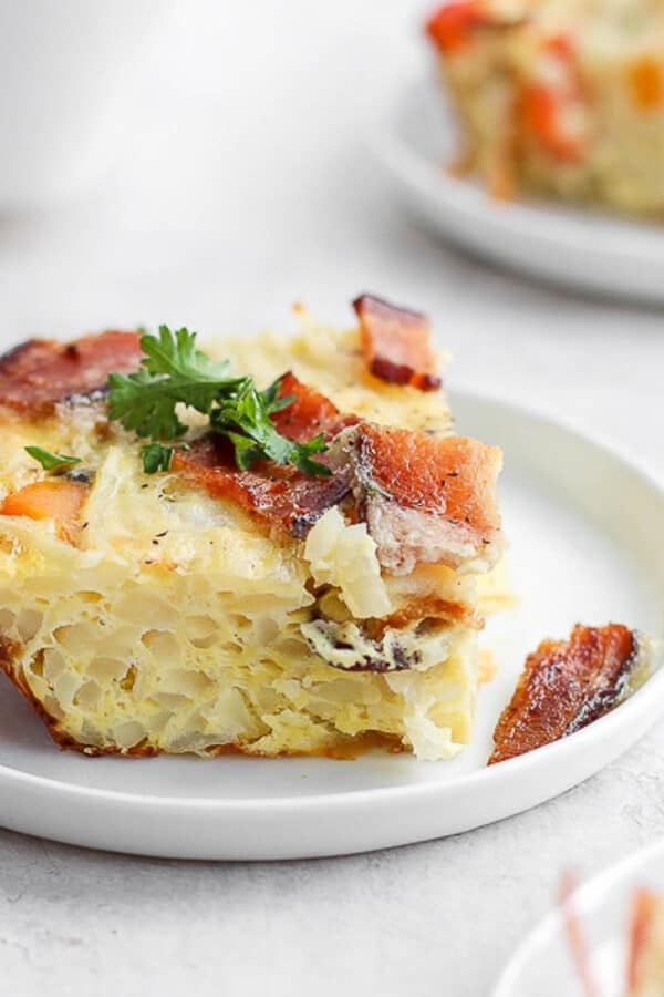 Slice of Whole30 Breakfast Casserole on a plate.