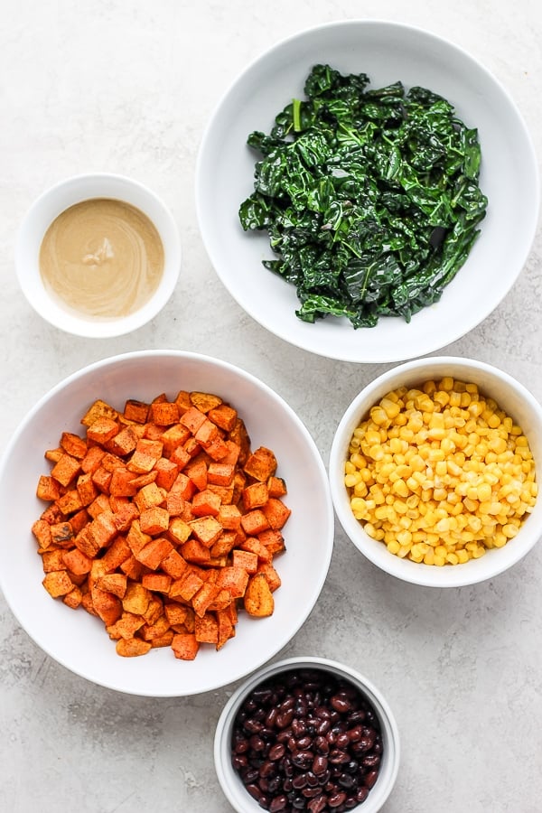 Sweet potato taco ingredients in separate bowls.