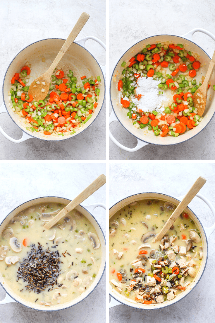 Four images showing the vegetables being sautéed, the arrowroot powder added, the wild rice added, and the final soup.