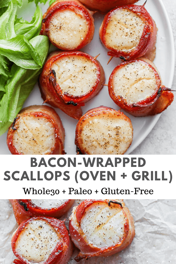 Pinterest image for bacon wrapped scallops.