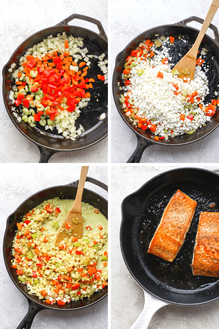 Four images showing the coconut curry cauliflower being made in one skillet and salmon fillets searing in another skillet.
