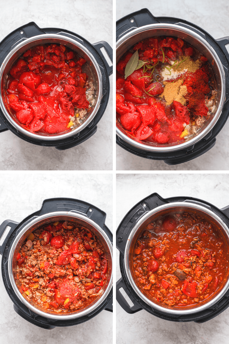 Four images showing the tomatoes added, then the spices added, and then the final chili in the Instant Pot.