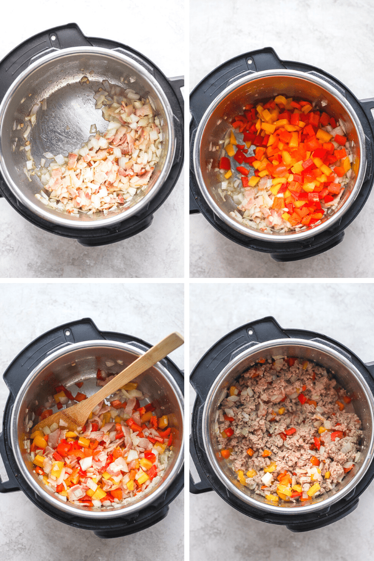 Four images showing the bacon rendering in the Instant Pot, the peppers, onion, and garlic added, and then the ground turkey in the pot.