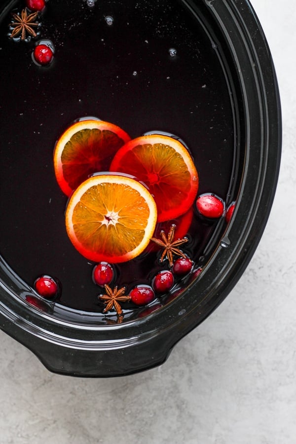 Slow cooker mulled wine in the slow cooker.