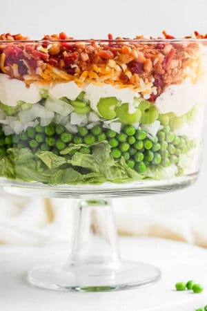 A dish filled with seven layer salad.