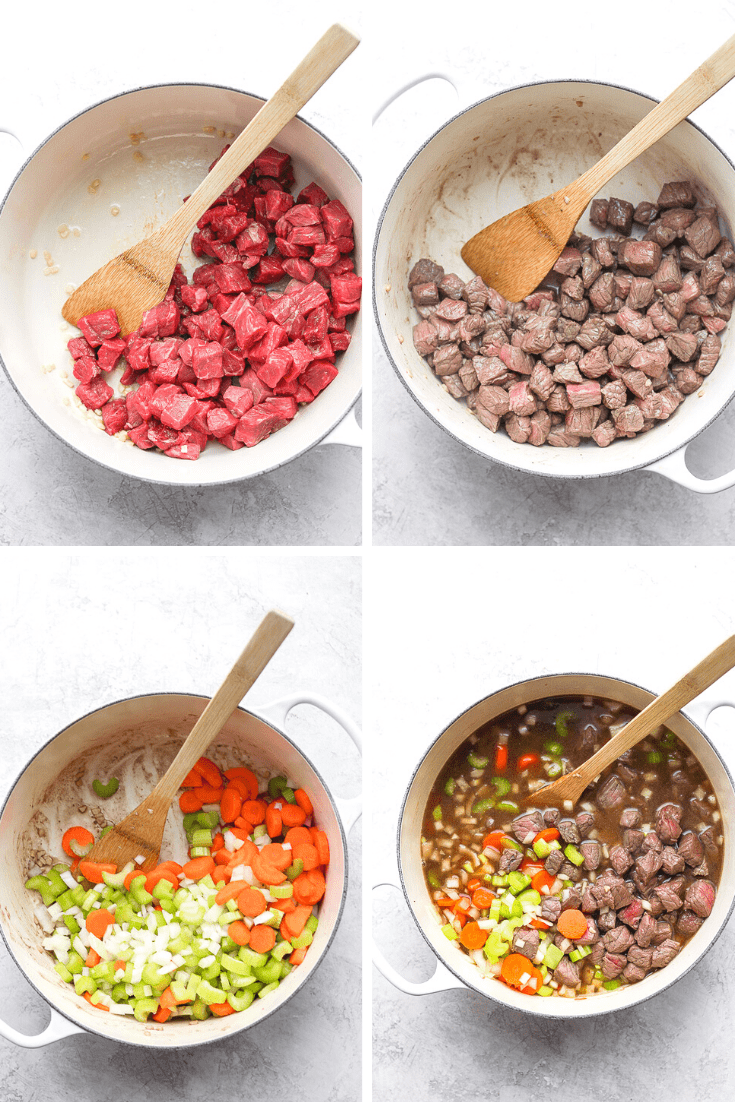 Four images showing the beef being seared, the vegetables being cooked, and then it all in a pot with the broth and bay leaf.