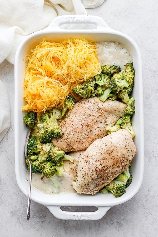 An easy chicken broccoli Alfredo bake.