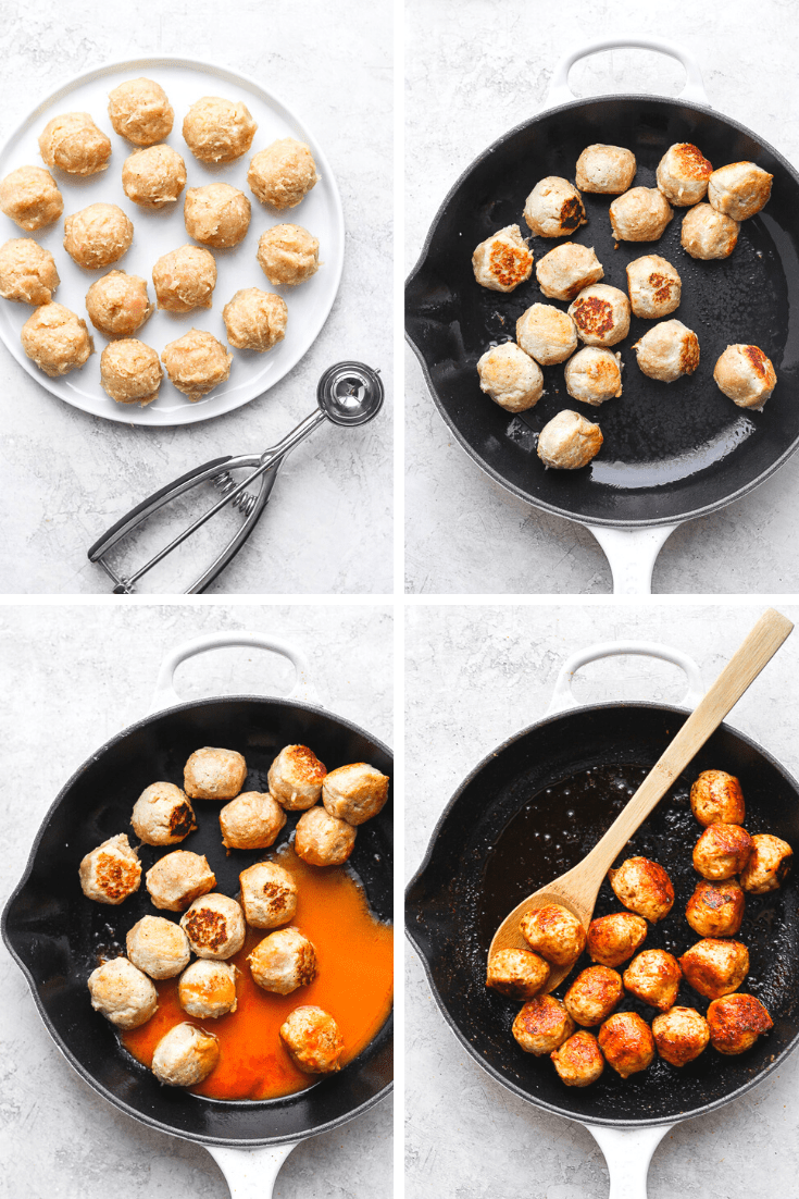 Step by step photos of buffalo chicken meatballs being made in a skillet. 