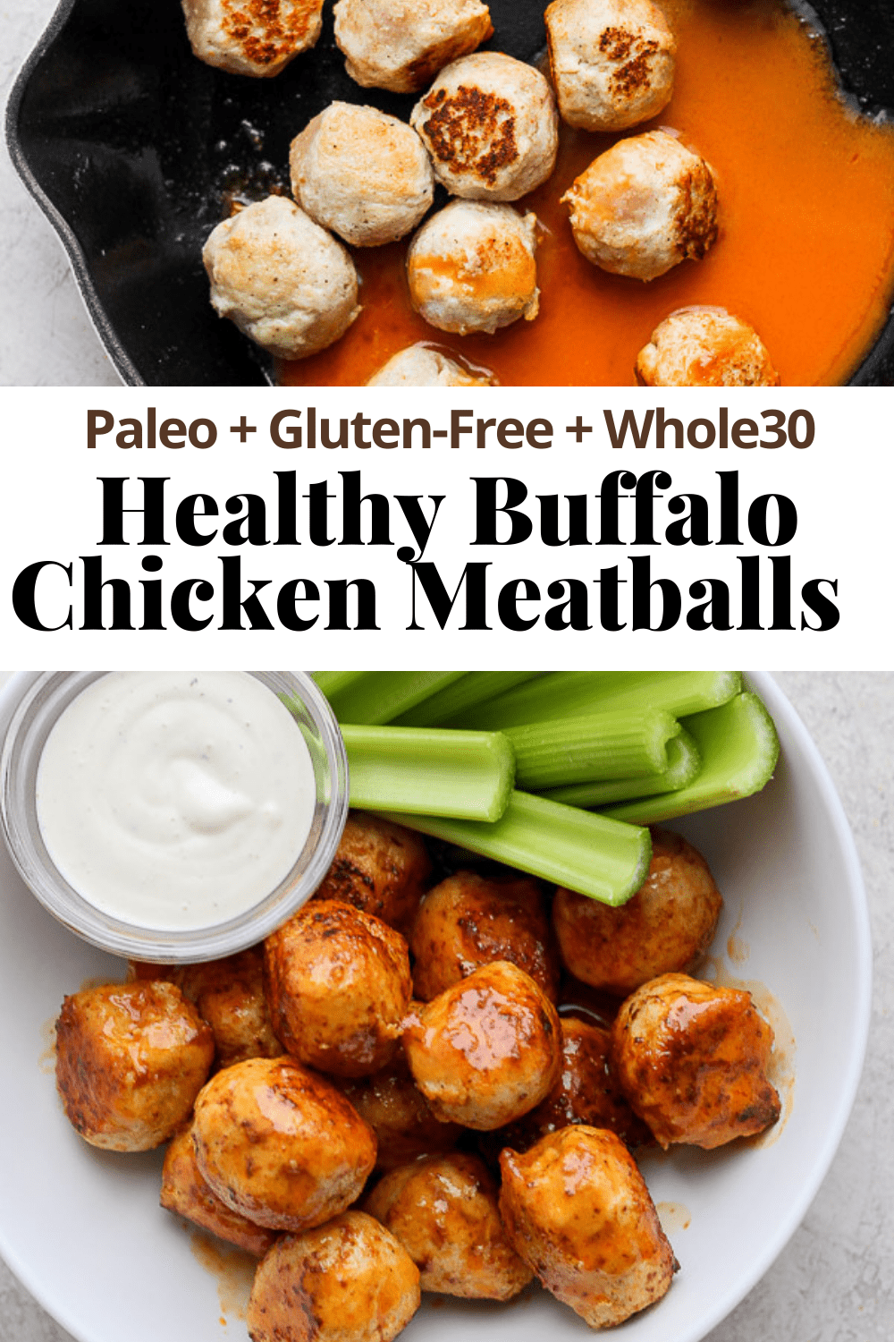 Pinterest image for buffalo chicken meatballs.