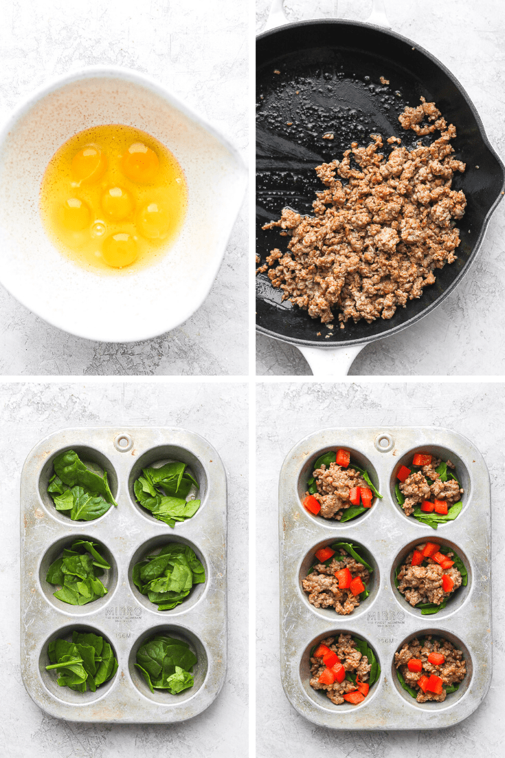 Four photos in a grid showing the stages of combining the egg mixture.