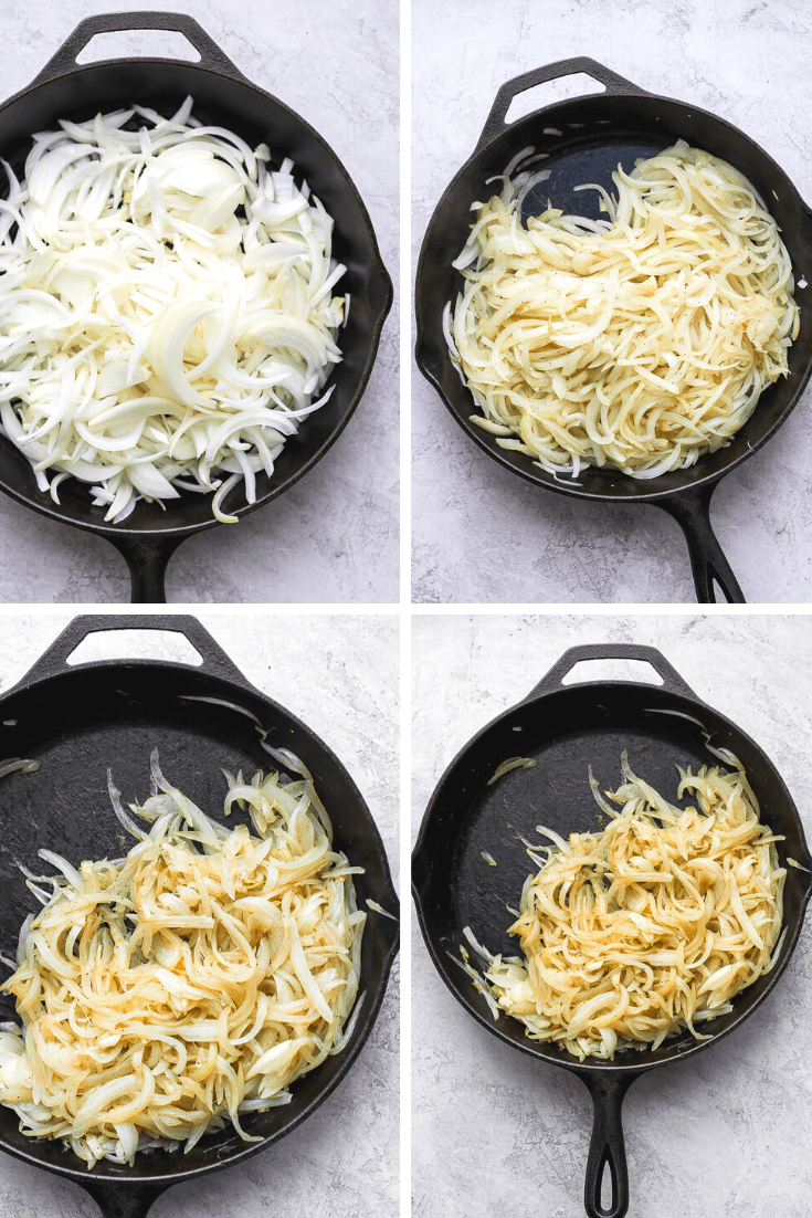 Four images of onions being caramelized in a cast iron pan.