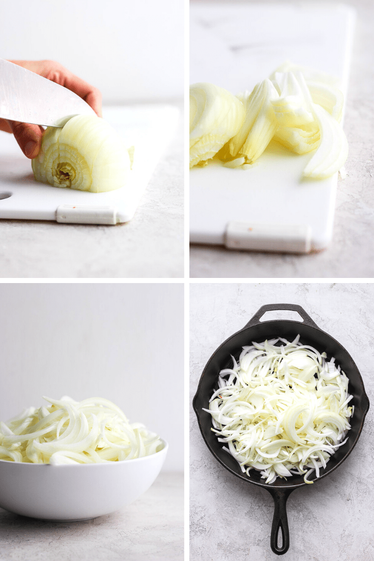 Four images showing onions being sliced, all of them in a bowl, and then in a cast iron skillet.