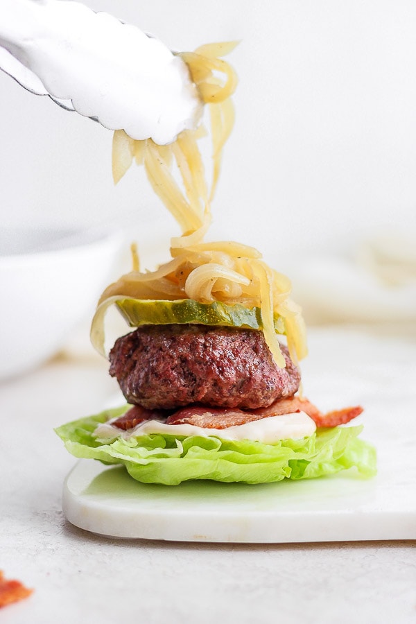 Recipe for caramelized onion burgers.