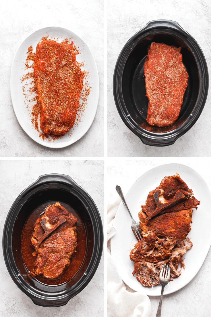 Four images showing the seasoned pork shoulder on a plate, in a slow cooker before cooking, after cooking, and then shredded on a plate.