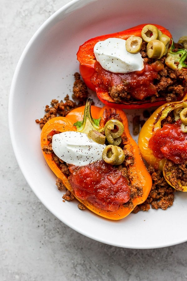 Tacos stuffed peppers in a bowl. 