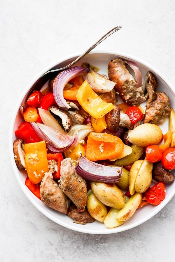 Sheet Pan Sausage and Veggies - an incredibly easy sheet pan dinner your entire family will love!  (Paleo + Whole30 + DF + GF) #sheetpansausageandveggies #sheetpandinners #whole30recipes #paleorecipes #weeknightdinners