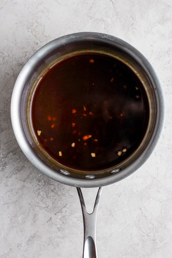 Teriyaki sauce in a small saucepan. 