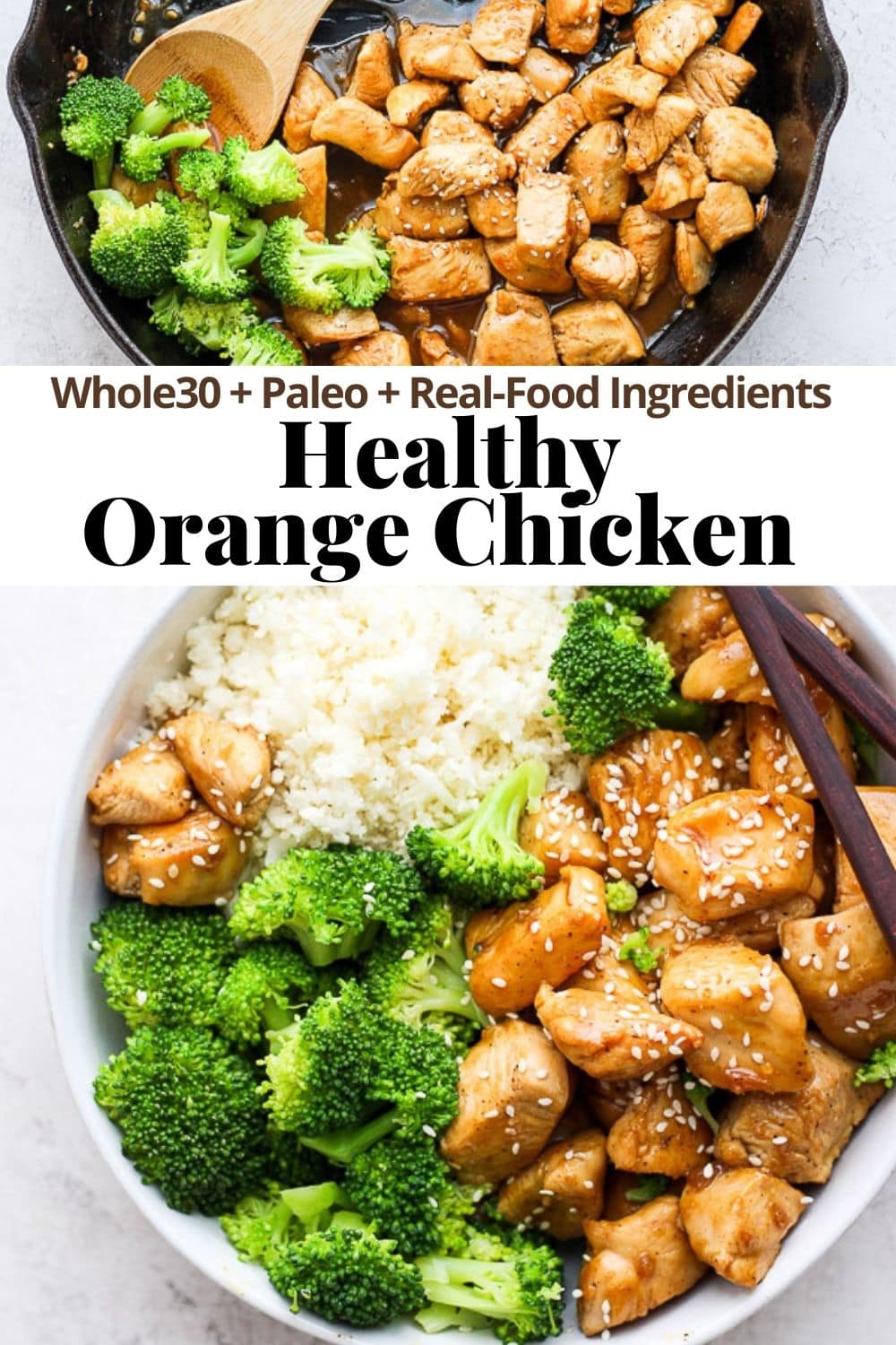 Pinterest image for healthy orange chicken.