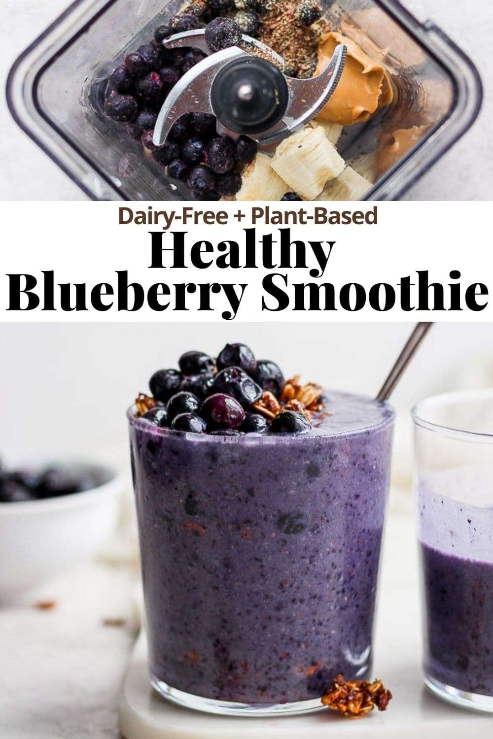 Pinterest image for a healthy blueberry banana smoothie.