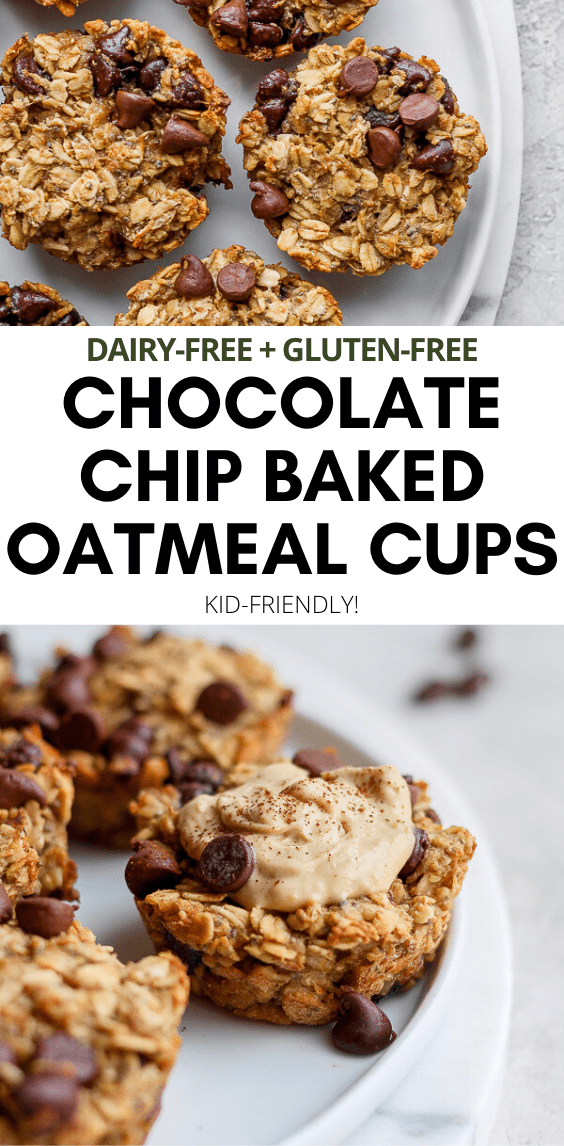 Chocolate Chip Baked Oatmeal Cups - made with simple, real ingredients these family-friendly oatmeal cups are going to be your new favorite! (Dairy-free + Gluten-free + Egg-free) #bakedoatmealcups #oatmealcups #bakedoatmeal #chocolatechipoatmeal #chocolatechipbakedoatmeal #glutenfreerecipes 