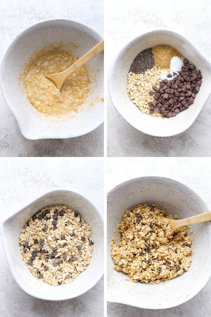 Four photos showing the process of combing the dry ingredients, and then the we ingredients and then combining both together.