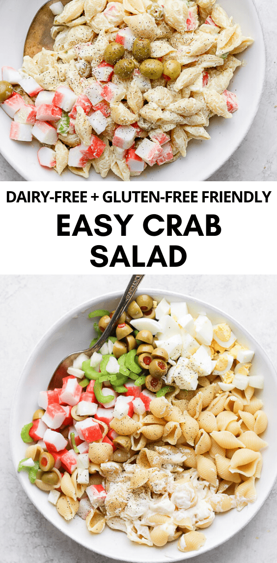 Salade de pâtes au crabe - une salade de pâtes rafraîchissante, légère et délicieuse. Parfaite pour votre prochain barbecue ! (Sans produits laitiers, sans gluten) #crabpastasalad #dairyfreerecipes #glutenfreerecipes #easypastasalads #summerrecipes