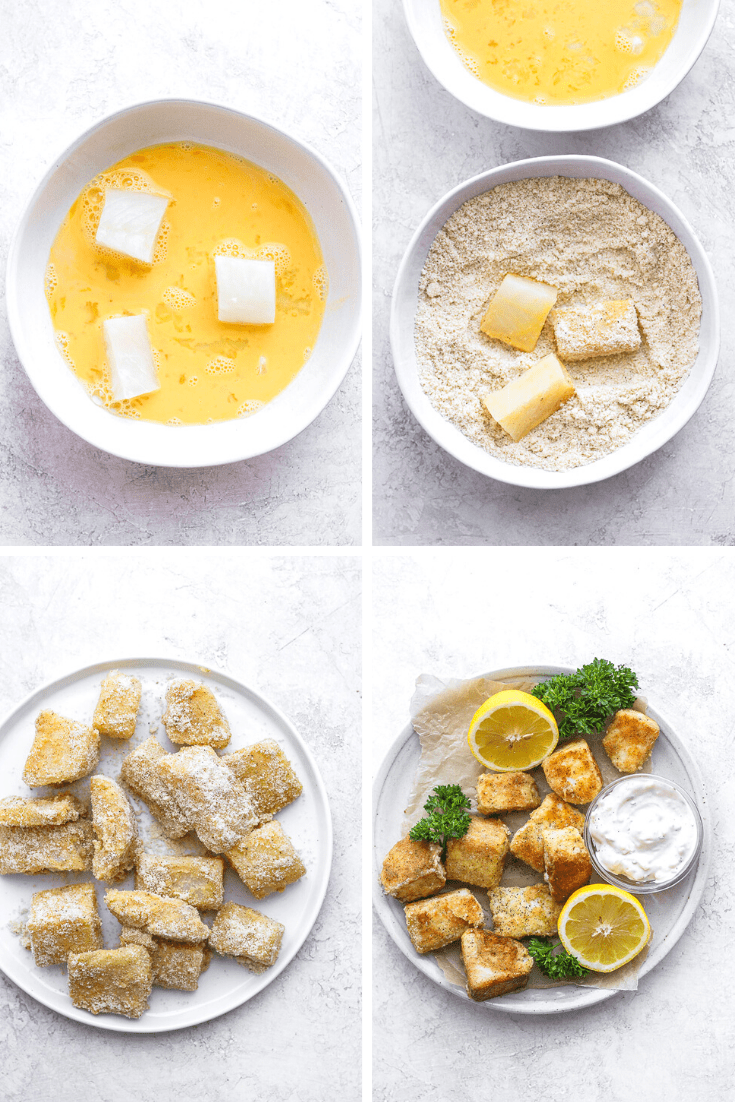 Four images showing the egg pieces in the egg wash, in the flour mixture, and then coated on a plate before baking and then after baking.