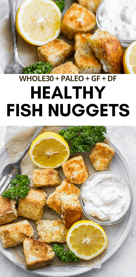 Healthy Baked Fish Nuggets - simple, real ingredients that come together easily to make the most delicious fish nuggets! (Paleo + Whole30 + GF + DF) #homemadefishnuggets #fishnuggets #howtomakefishnuggets #healthyfishnuggets #paleofishnuggets #whole30fishnuggets #whole30dinner #paleodinner