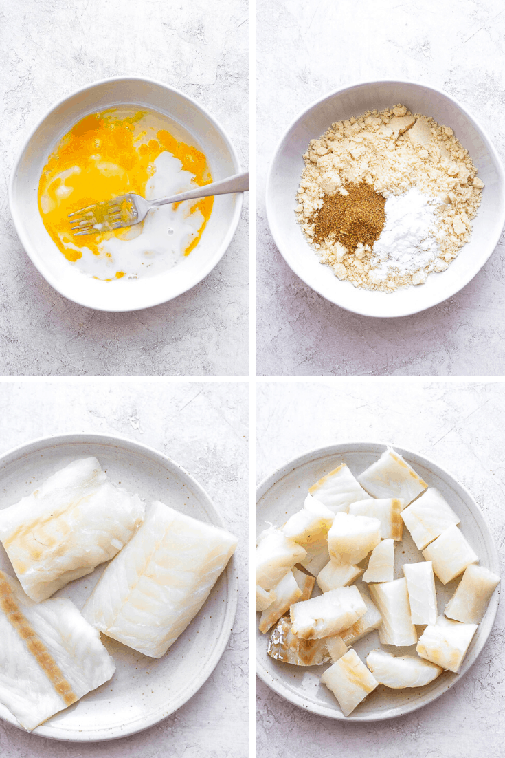 Four images showing one bowl with the egg was, one bowl with the almond flour mixture, thawed fish on a plate, and the fish cut into pieces on another plate.