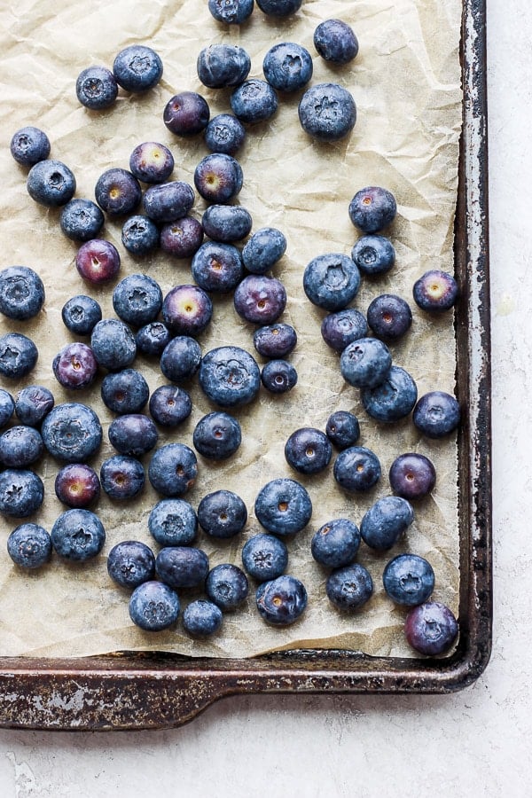 A close-up shot of clean blueberries before freezing.