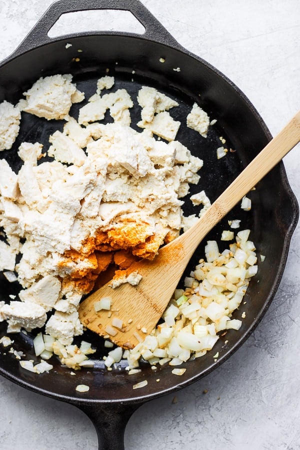 Seasonings added to the skillet.