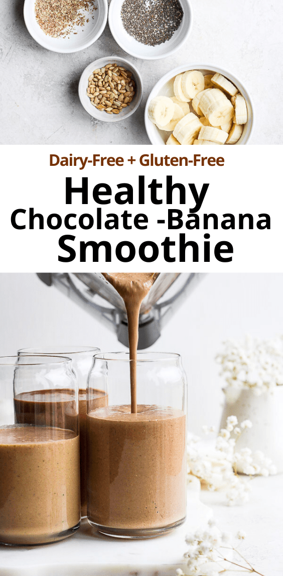 Chocolate Banana Smoothie -  extra thick and delicious this is going to be your new favorite smoothie! (Dairy-Free + GF) #healthysmoothierecipes #smoothierecipeshealthy #chocolatebananasmoothie #chocolatesmoothiehealthy #dairyfreesmoothie 