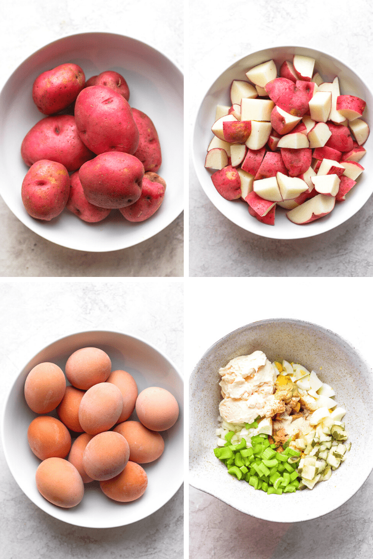 Four images showing a bowl of red potatoes, bowl of the potatoes cubed, a bowl of eggs, and therest of the ingredients in a mixing bowl.