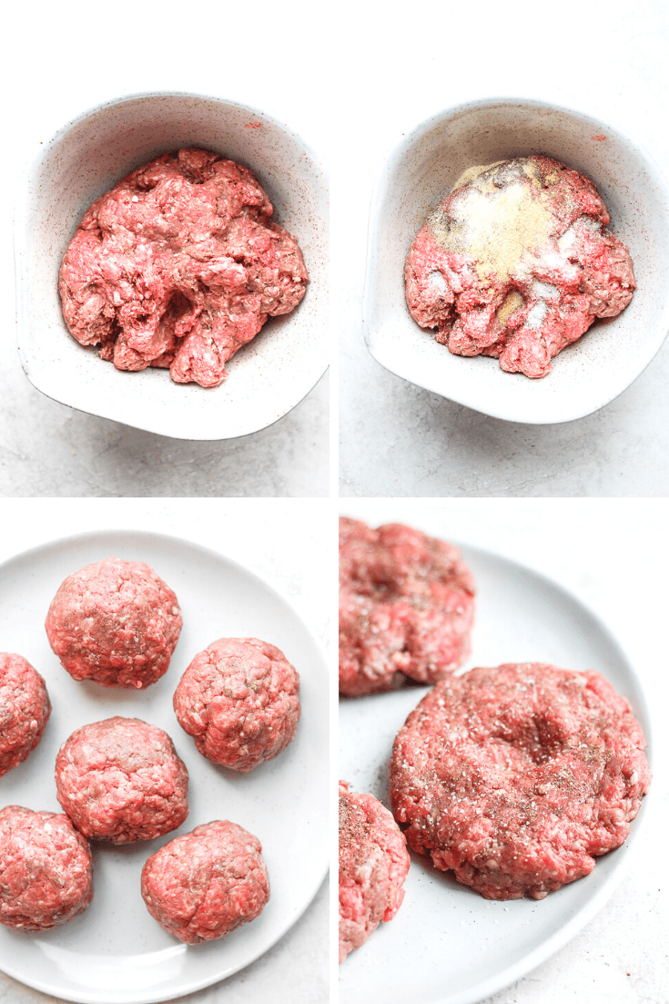 Four photos showing the process of mixing ground beef with spices and then creating burger patties. 