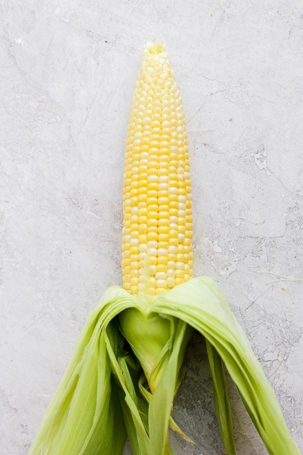 A piece of corn on the cob with the husk pulled back and silk removed. 