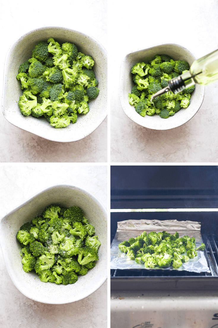 Four images of broccoli being prepped for the grill and then on a piece of aluminum foil on the grill.