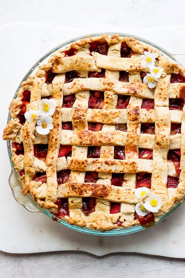 Fully baked gluten-free strawberry rhubarb pie.